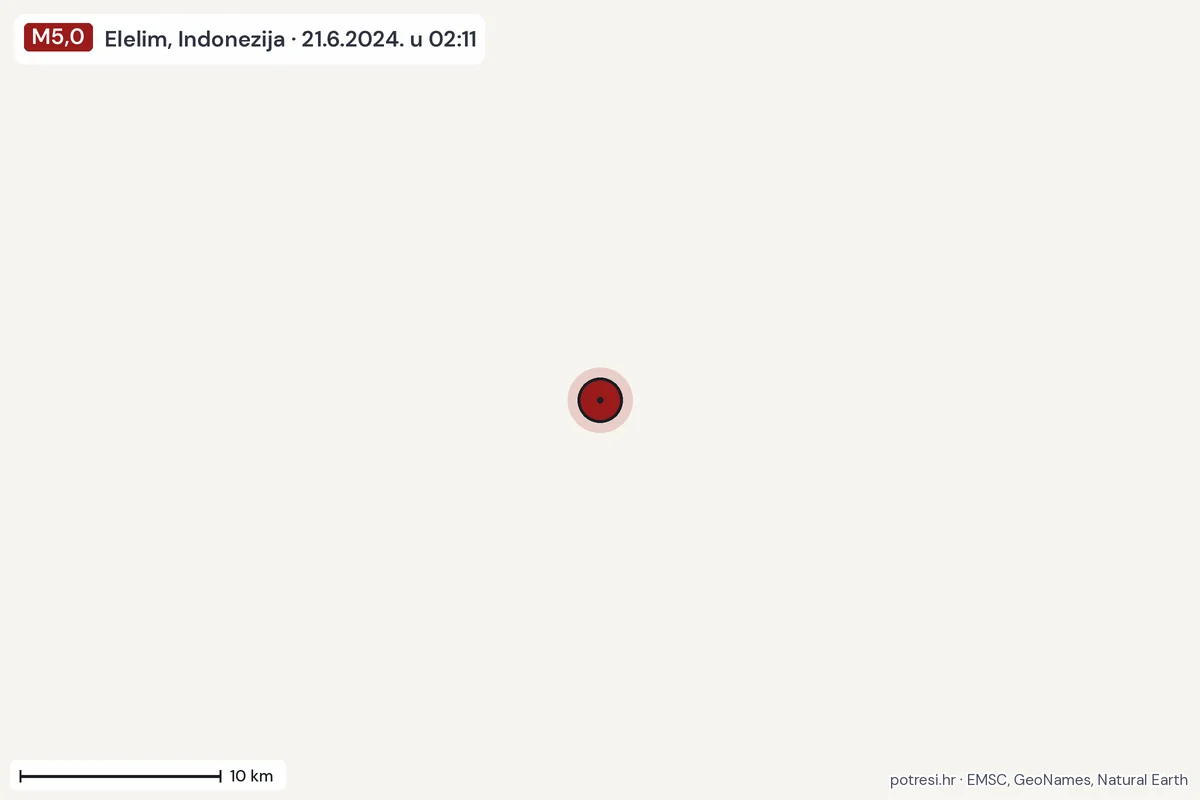 Karta: okolica epicentra, 60 km, potres M5,0, Elelim, Indonezija, 21.6.2024.