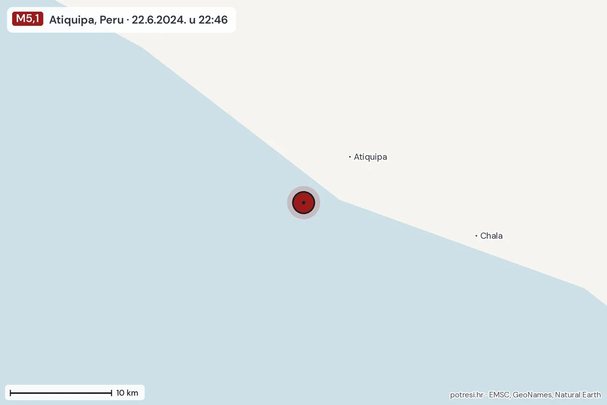 Karta: okolica epicentra, 60 km, potres M5,1, Atiquipa, Peru, 22.6.2024.