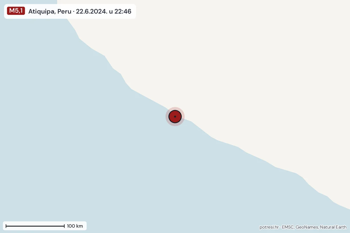 Karta: šire područje, 600 km, potres M5,1, Atiquipa, Peru, 22.6.2024.