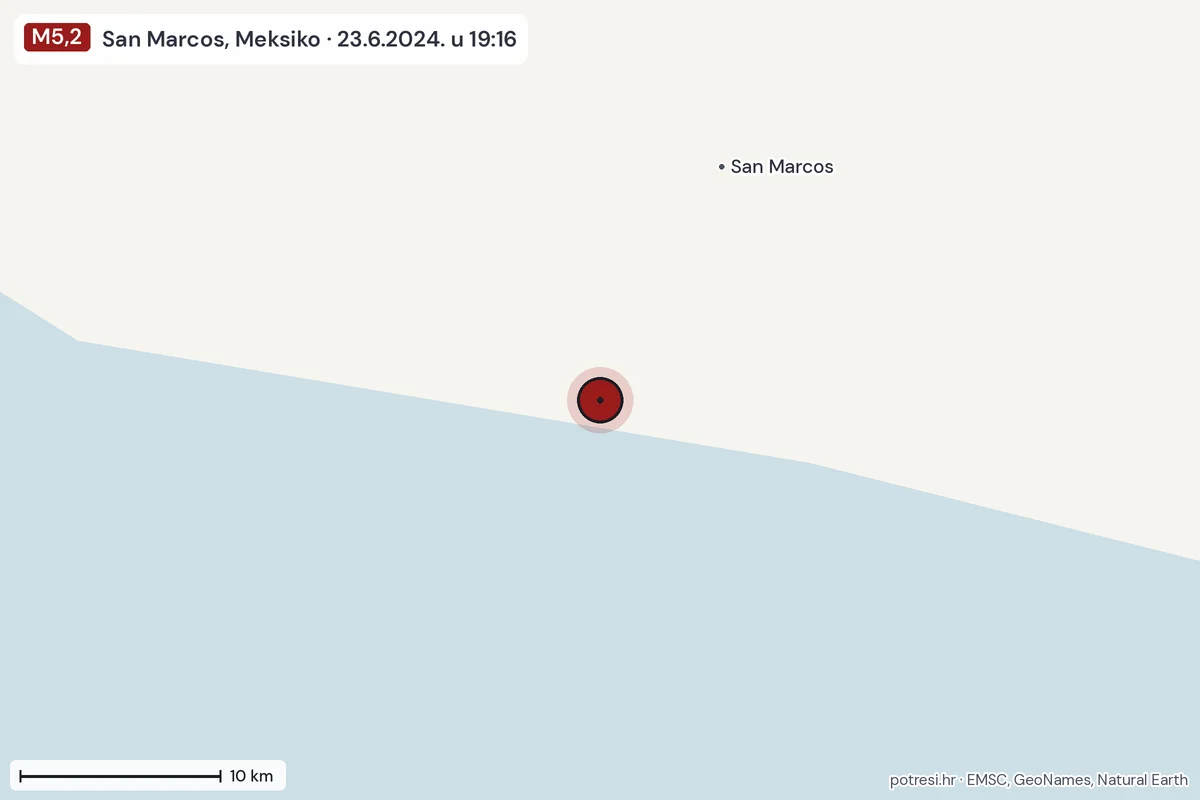 Karta: okolica epicentra, 60 km, potres M5,2, San Marcos, Meksiko, 23.6.2024.