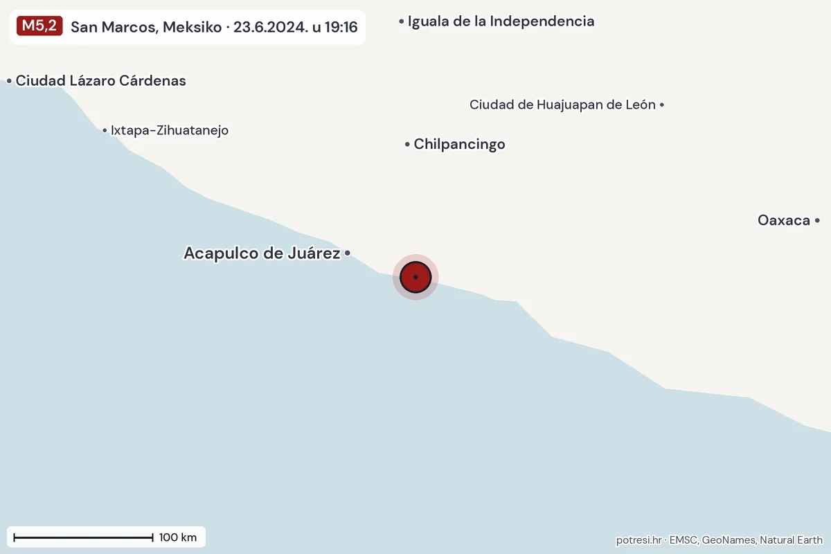 Karta: šire područje, 600 km, potres M5,2, San Marcos, Meksiko, 23.6.2024.