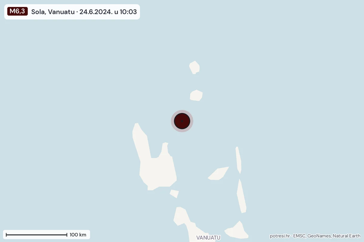 Karta: šire područje, 600 km, potres M6,3, Sola, Vanuatu, 24.6.2024.