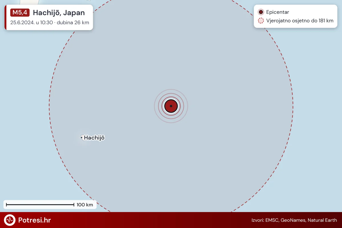 Karta: šire područje i vjerojatni doseg osjeta, potres M5,4, Hachijō, Japan, 25.6.2024.