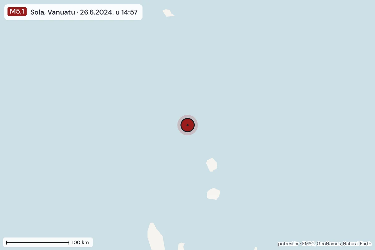 Karta: šire područje, 600 km, potres M5,1, Sola, Vanuatu, 26.6.2024.