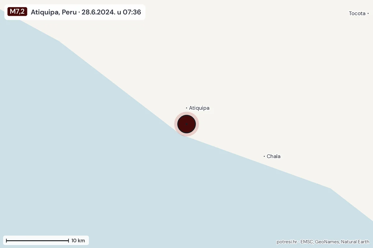 Karta: okolica epicentra, 60 km, potres M7,2, Atiquipa, Peru, 28.6.2024.
