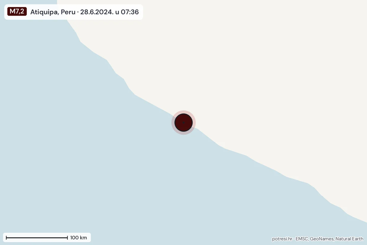 Karta: šire područje, 600 km, potres M7,2, Atiquipa, Peru, 28.6.2024.