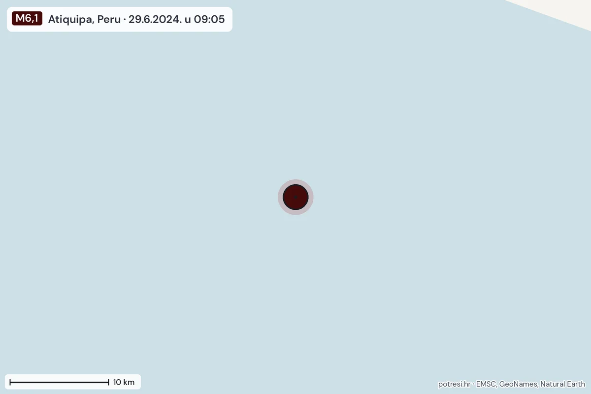 Karta: okolica epicentra, 60 km, potres M6,1, Atiquipa, Peru, 29.6.2024.