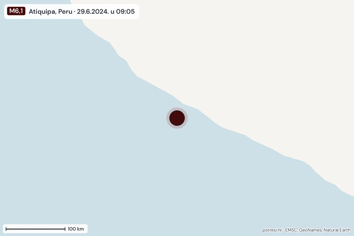 Karta: šire područje, 600 km, potres M6,1, Atiquipa, Peru, 29.6.2024.