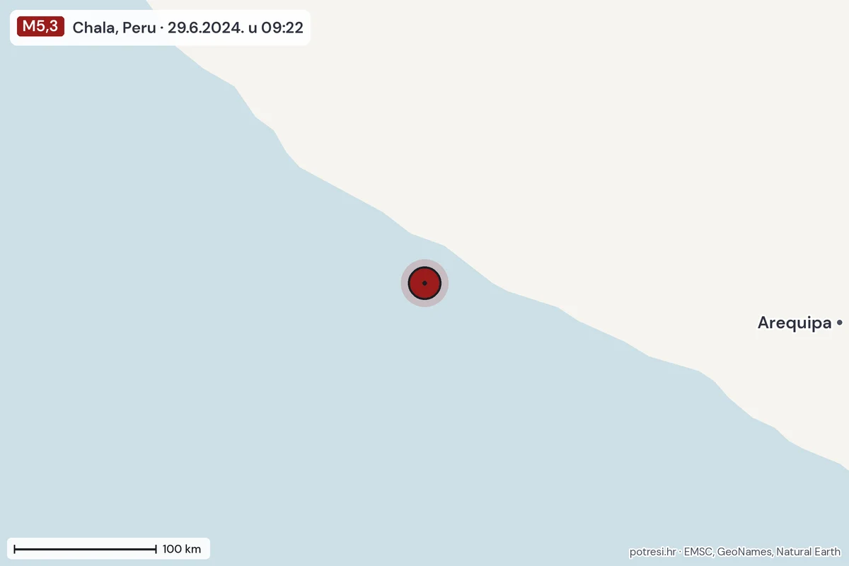 Karta: šire područje, 600 km, potres M5,3, Chala, Peru, 29.6.2024.