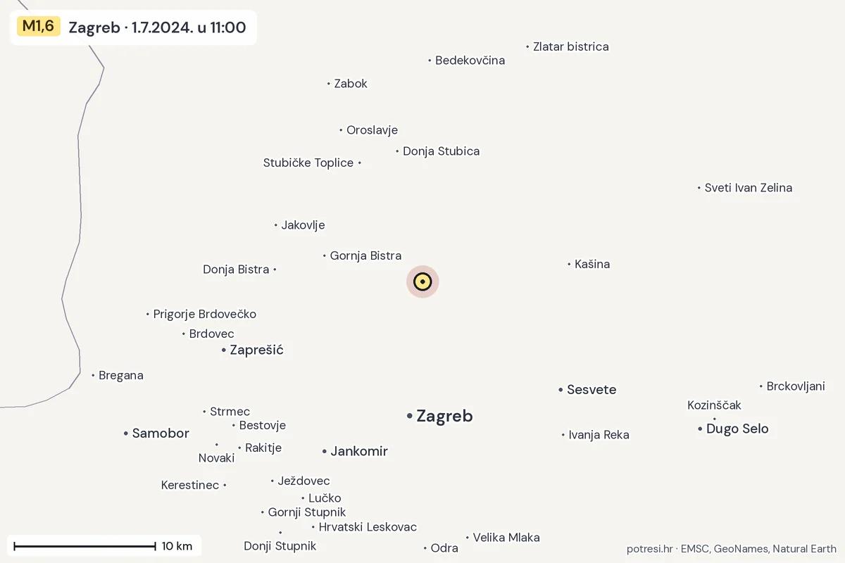 Karta: okolica epicentra, 60 km, potres M1,6, Zagreb, 1.7.2024.