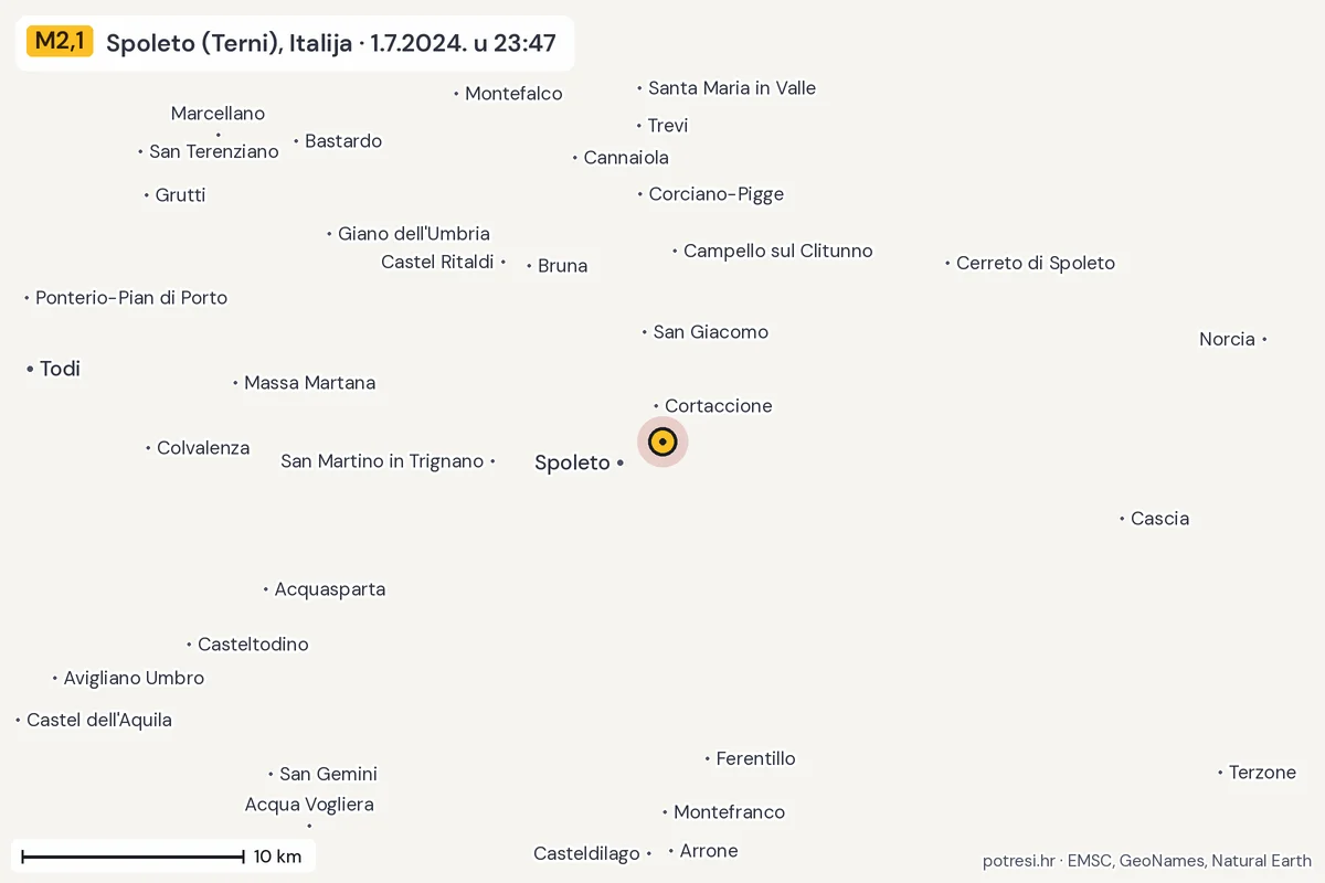 Karta: okolica epicentra, 60 km, potres M2,1, Spoleto (Terni), Italija, 1.7.2024.