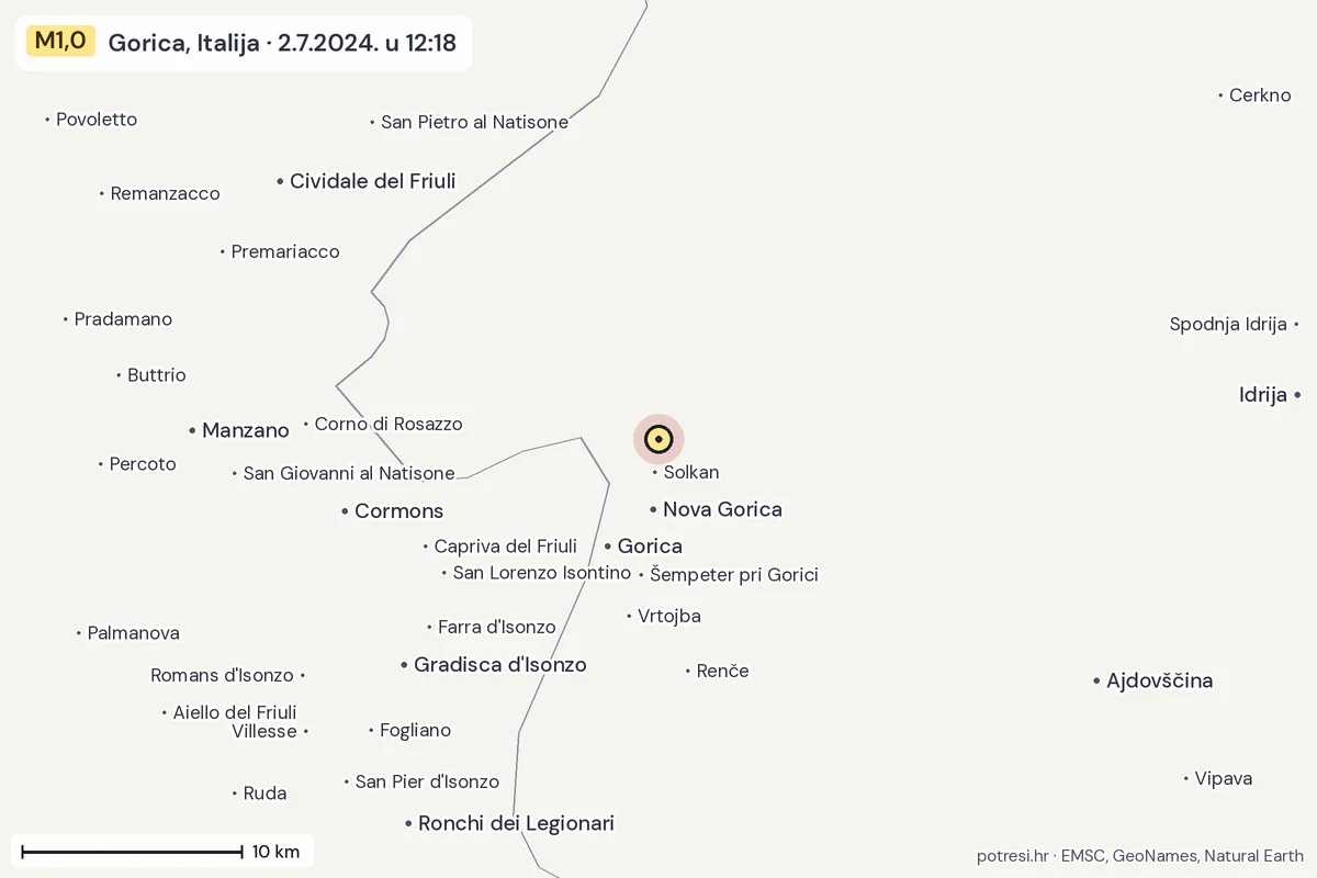 Karta: okolica epicentra, 60 km, potres M1,0, Gorica, Italija, 2.7.2024.