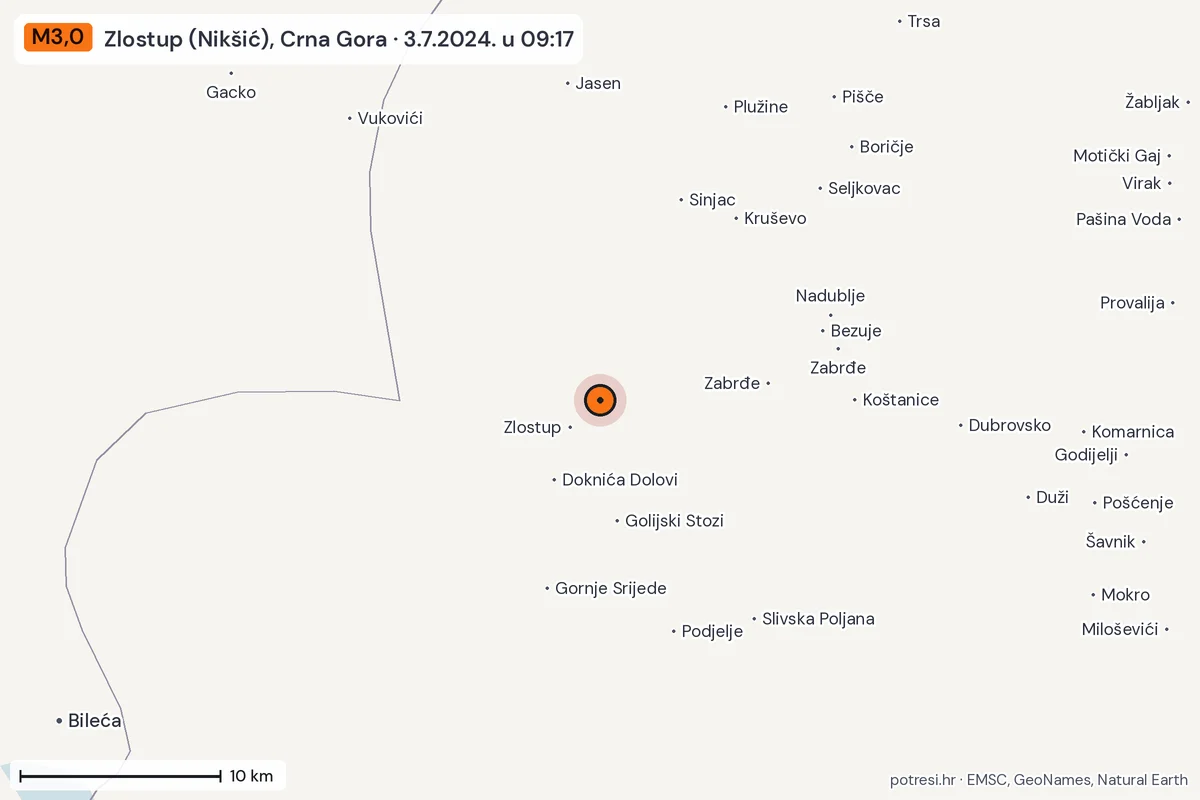 Karta: okolica epicentra, 60 km, potres M3,0, Zlostup (Nikšić), Crna Gora, 3.7.2024.