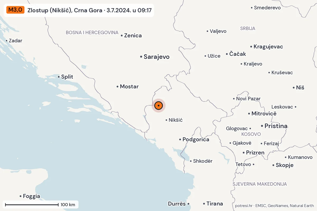 Karta: šire područje, 600 km, potres M3,0, Zlostup (Nikšić), Crna Gora, 3.7.2024.