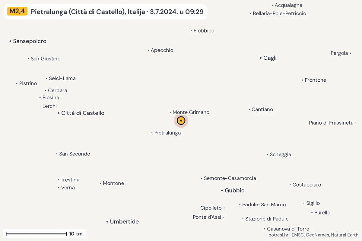 Karta: okolica epicentra, 60 km, potres M2,4, Pietralunga (Città di Castello), Italija, 3.7.2024.