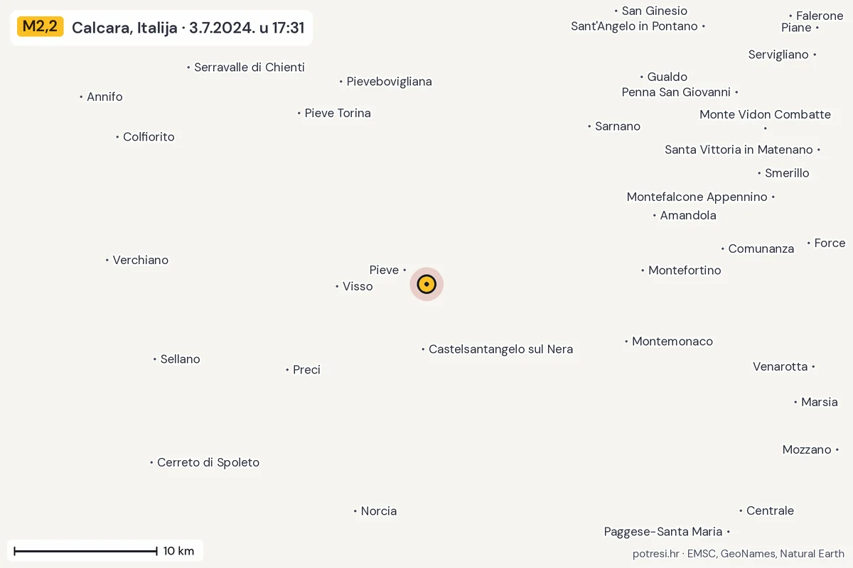 Karta: okolica epicentra, 60 km, potres M2,2, Calcara, Italija, 3.7.2024.