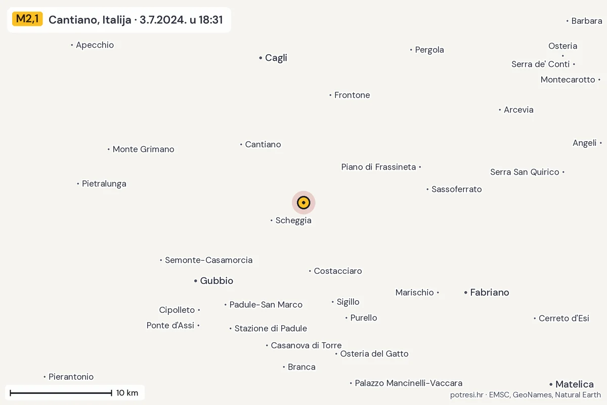 Karta: okolica epicentra, 60 km, potres M2,1, Cantiano, Italija, 3.7.2024.