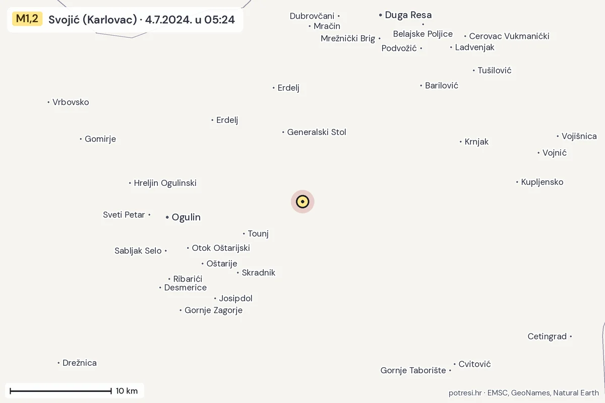Karta: okolica epicentra, 60 km, potres M1,2, Svojić (Karlovac), 4.7.2024.