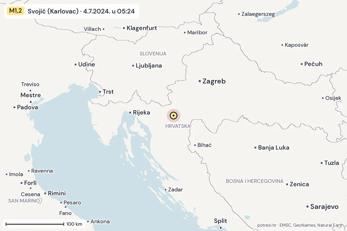 Karta: šire područje, 600 km, potres M1,2, Svojić (Karlovac), 4.7.2024.