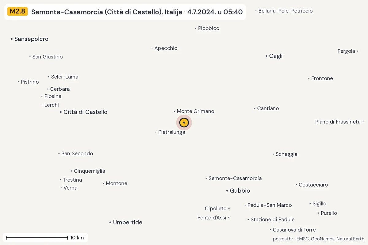 Karta: okolica epicentra, 60 km, potres M2,8, Semonte-Casamorcia (Città di Castello), Italija, 4.7.2024.