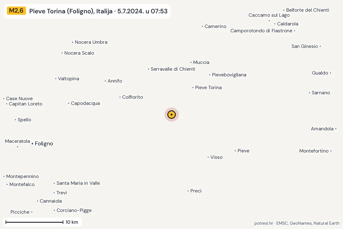 Karta: okolica epicentra, 60 km, potres M2,6, Pieve Torina (Foligno), Italija, 5.7.2024.