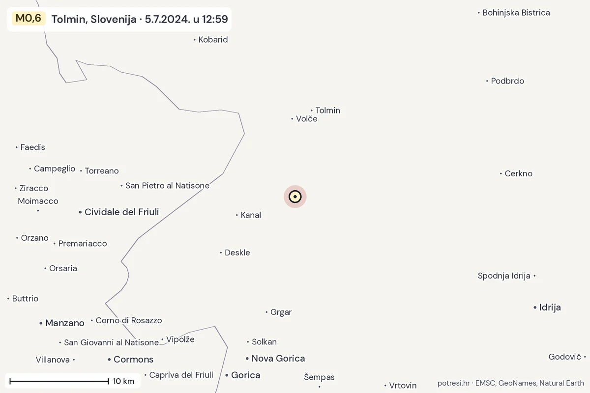 Karta: okolica epicentra, 60 km, potres M0,6, Tolmin, Slovenija, 5.7.2024.