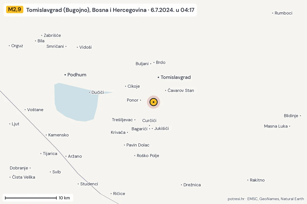 Karta: okolica epicentra, 60 km, potres M2,9, Tomislavgrad (Bugojno), Bosna i Hercegovina, 6.7.2024.