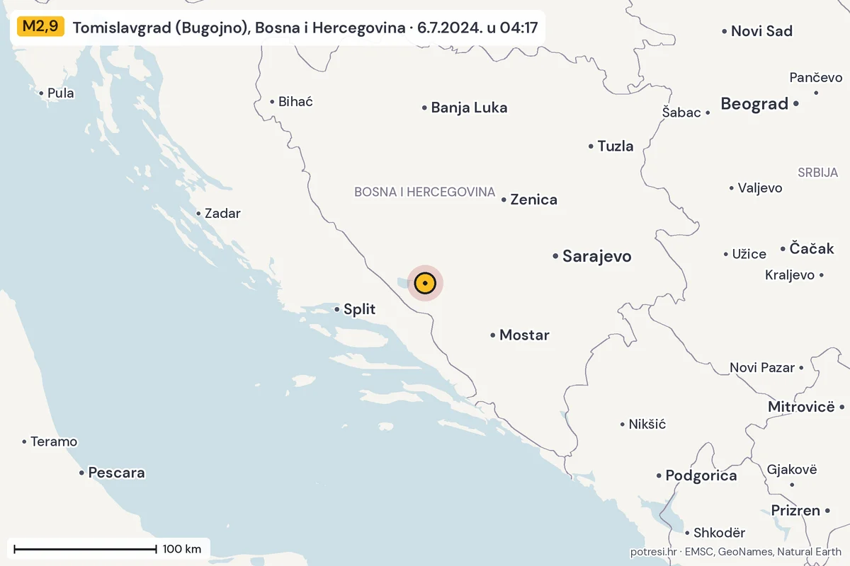 Karta: šire područje, 600 km, potres M2,9, Tomislavgrad (Bugojno), Bosna i Hercegovina, 6.7.2024.