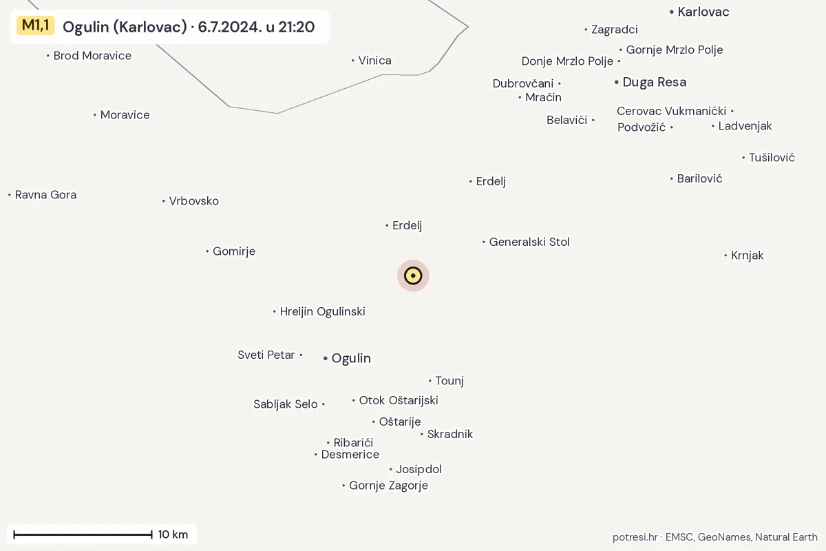 Karta: okolica epicentra, 60 km, potres M1,1, Ogulin (Karlovac), 6.7.2024.