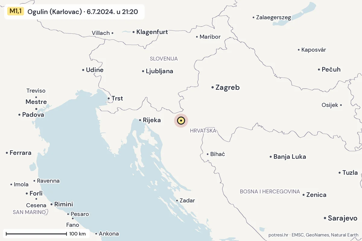 Karta: šire područje, 600 km, potres M1,1, Ogulin (Karlovac), 6.7.2024.