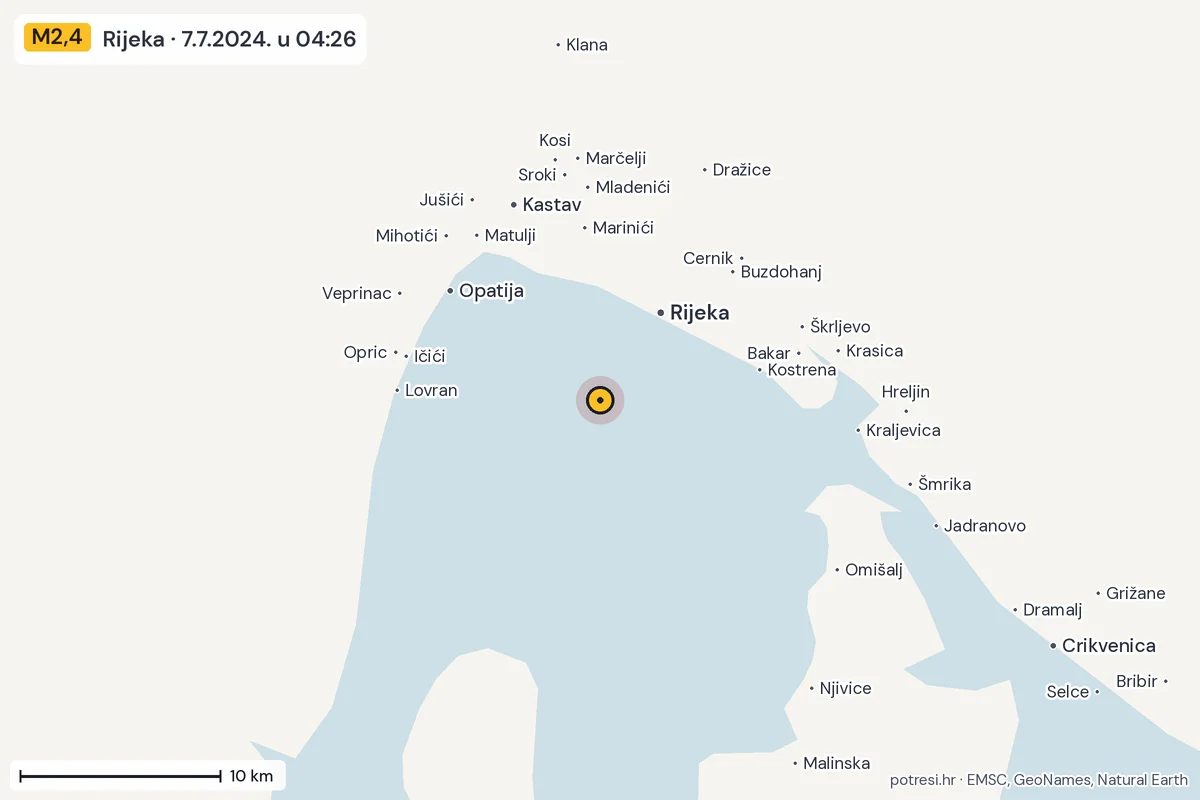 Karta: okolica epicentra, 60 km, potres M2,4, Rijeka, 7.7.2024.