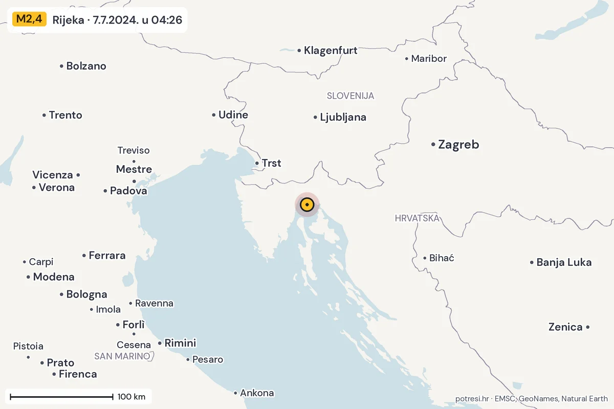 Karta: šire područje, 600 km, potres M2,4, Rijeka, 7.7.2024.