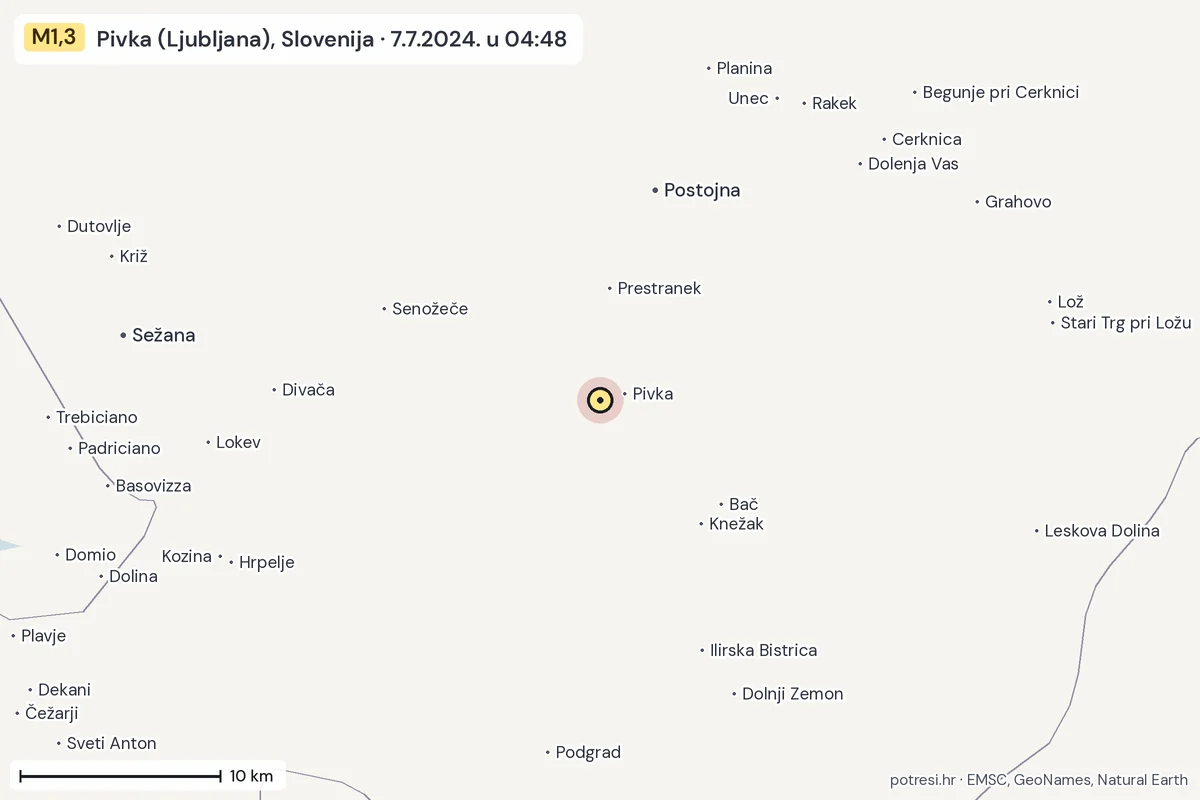 Karta: okolica epicentra, 60 km, potres M1,3, Pivka (Ljubljana), Slovenija, 7.7.2024.