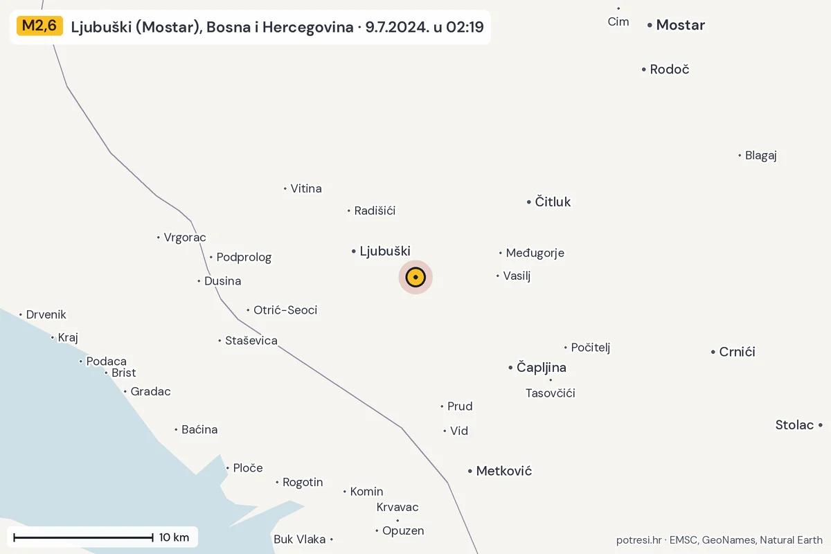 Karta: okolica epicentra, 60 km, potres M2,6, Ljubuški (Mostar), Bosna i Hercegovina, 9.7.2024.