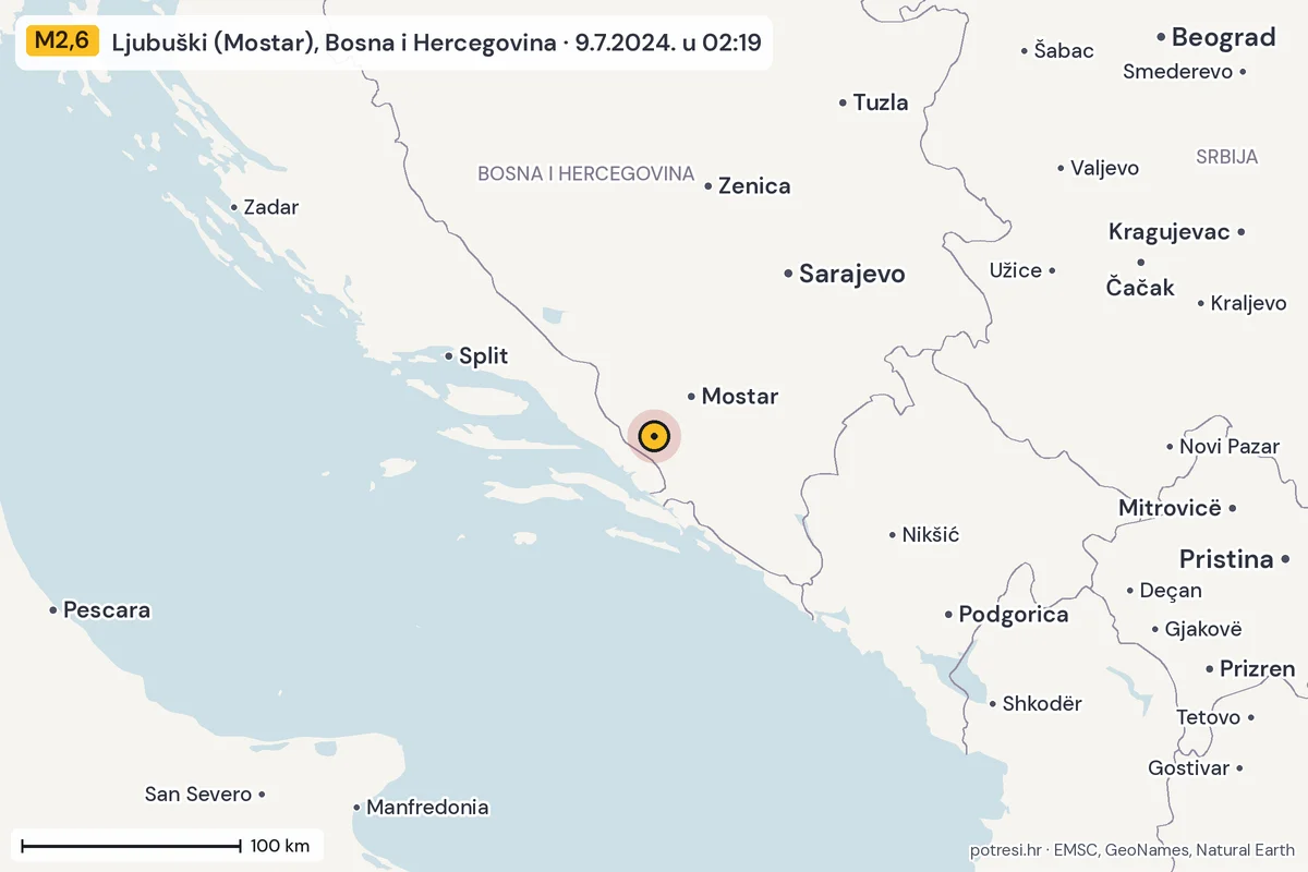 Karta: šire područje, 600 km, potres M2,6, Ljubuški (Mostar), Bosna i Hercegovina, 9.7.2024.
