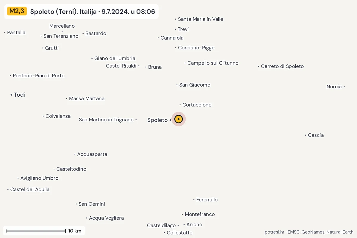 Karta: okolica epicentra, 60 km, potres M2,3, Spoleto (Terni), Italija, 9.7.2024.