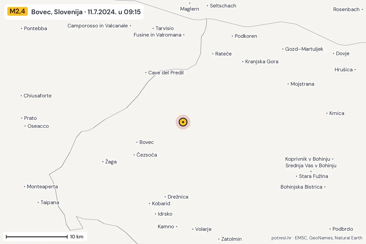 Karta: okolica epicentra, 60 km, potres M2,4, Bovec, Slovenija, 11.7.2024.