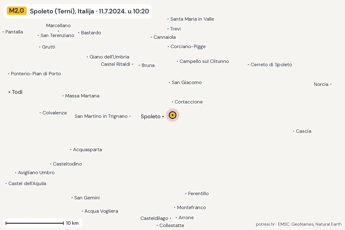 Karta: okolica epicentra, 60 km, potres M2,0, Spoleto (Terni), Italija, 11.7.2024.
