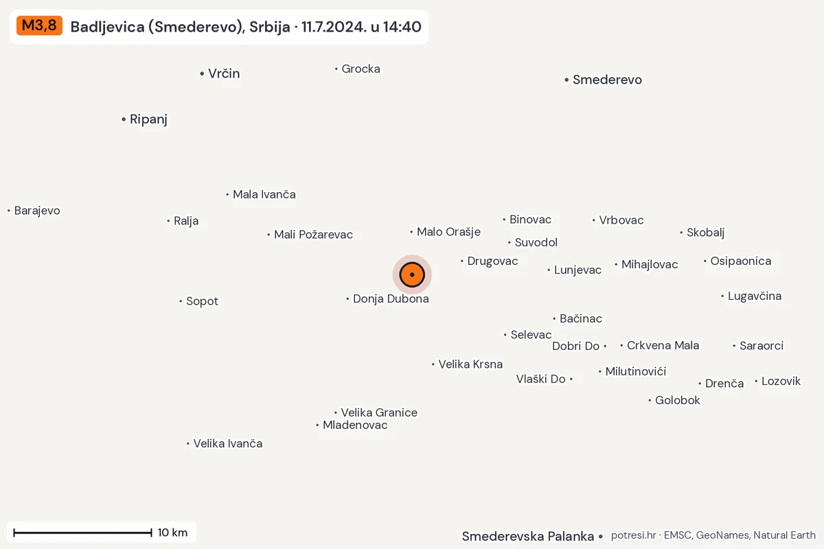 Karta: okolica epicentra, 60 km, potres M3,8, Badljevica (Smederevo), Srbija, 11.7.2024.