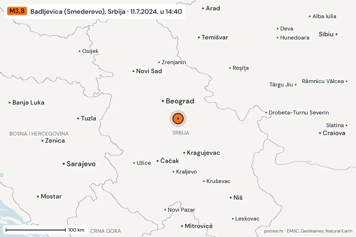 Karta: šire područje, 600 km, potres M3,8, Badljevica (Smederevo), Srbija, 11.7.2024.