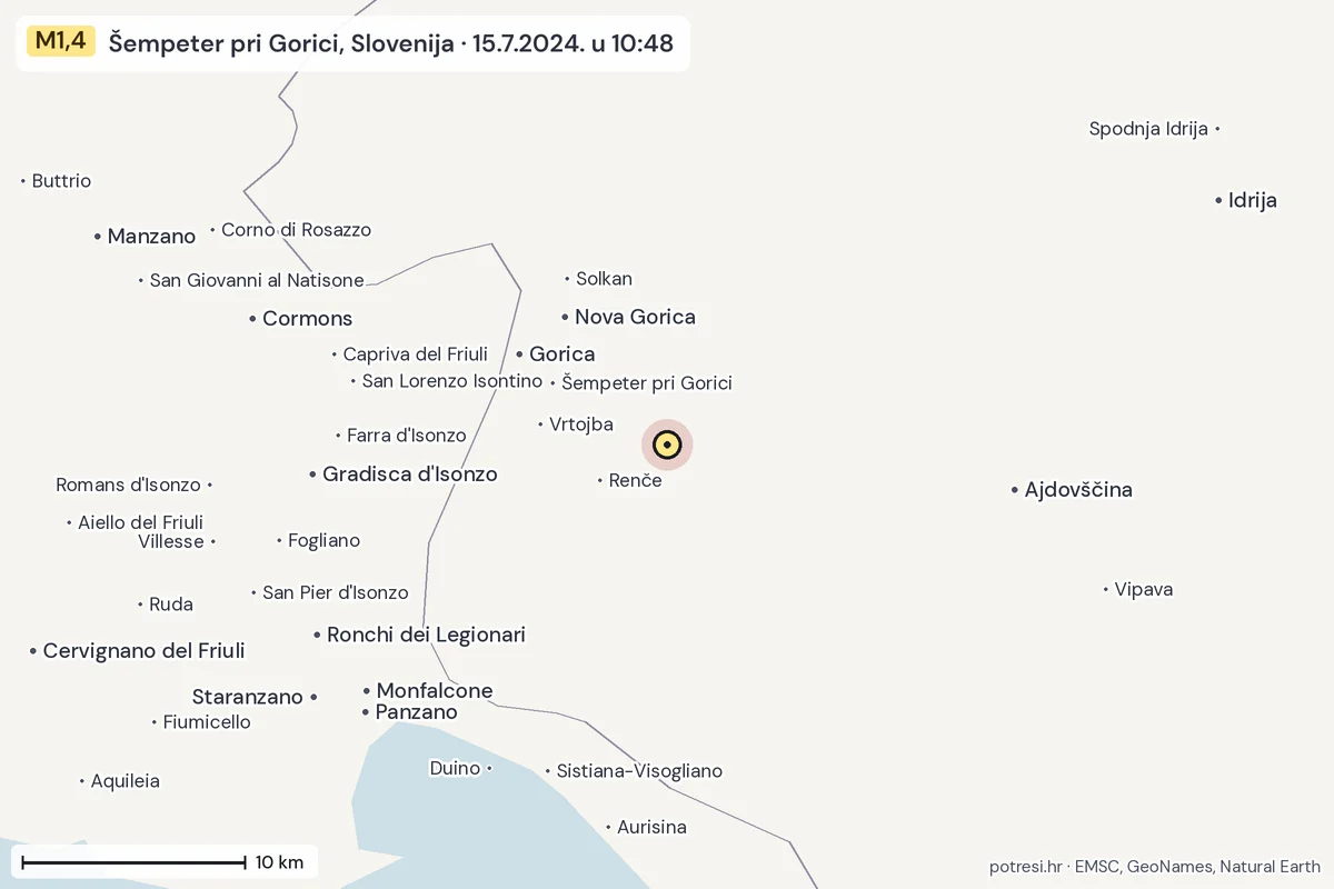 Karta: okolica epicentra, 60 km, potres M1,4, Šempeter pri Gorici, Slovenija, 15.7.2024.