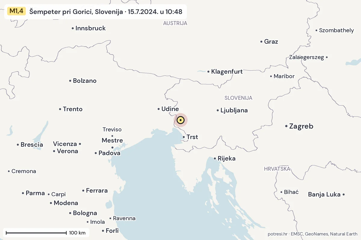 Karta: šire područje, 600 km, potres M1,4, Šempeter pri Gorici, Slovenija, 15.7.2024.