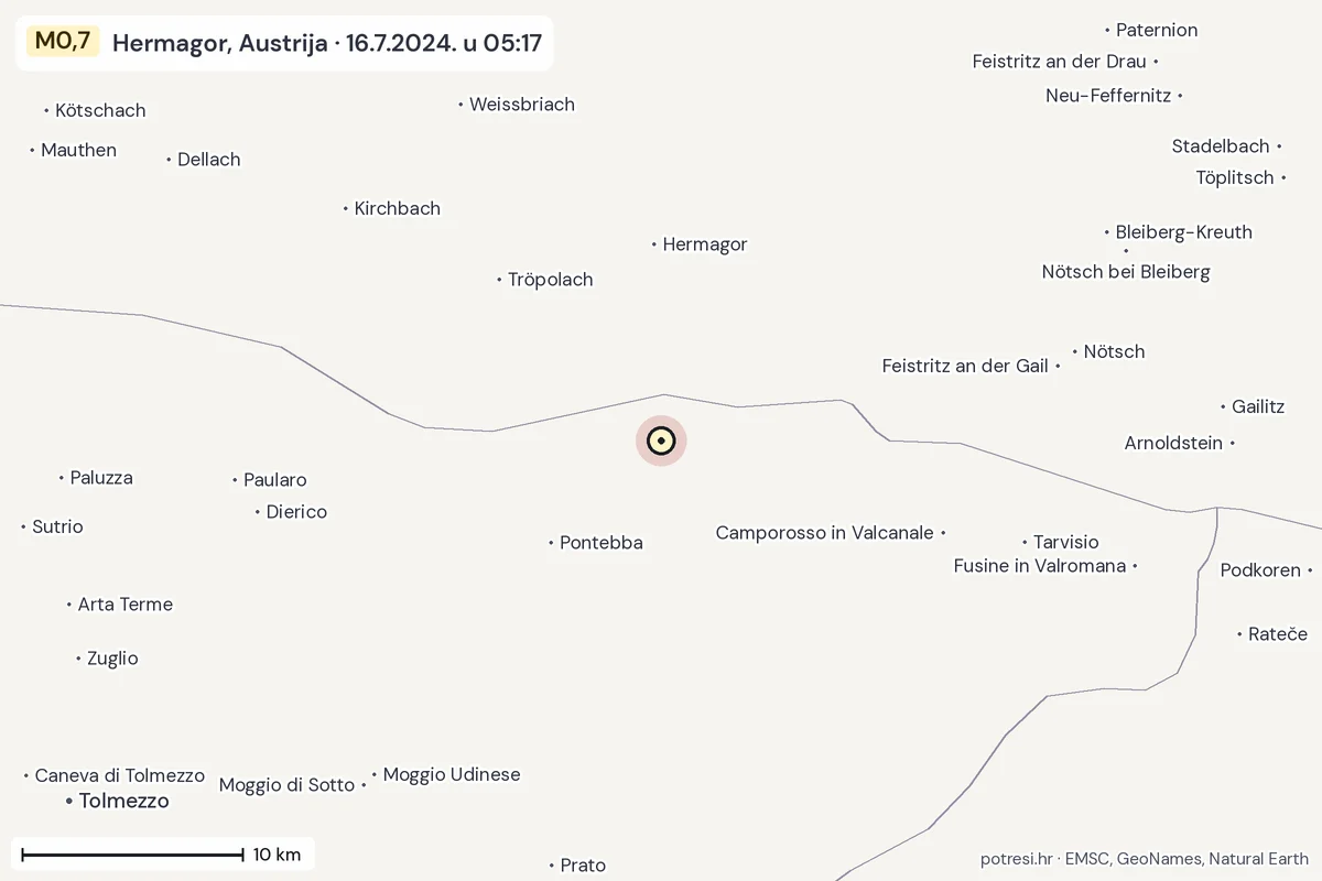 Karta: okolica epicentra, 60 km, potres M0,7, Hermagor, Austrija, 16.7.2024.
