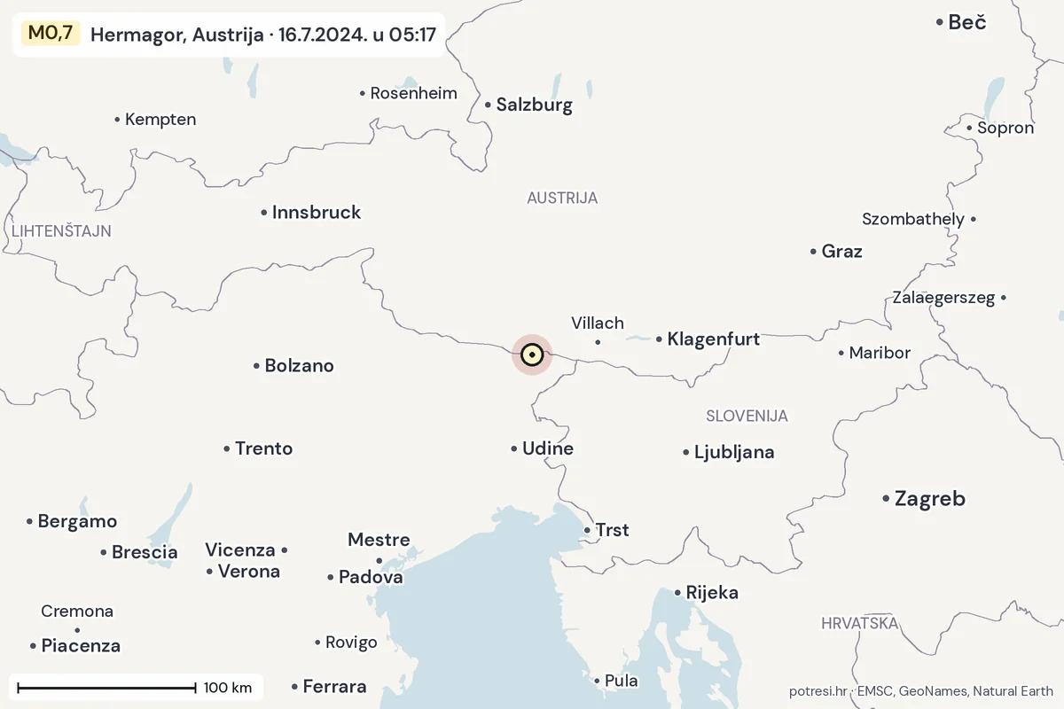 Karta: šire područje, 600 km, potres M0,7, Hermagor, Austrija, 16.7.2024.