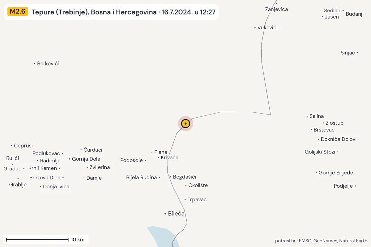 Karta: okolica epicentra, 60 km, potres M2,6, Tepure (Trebinje), Bosna i Hercegovina, 16.7.2024.