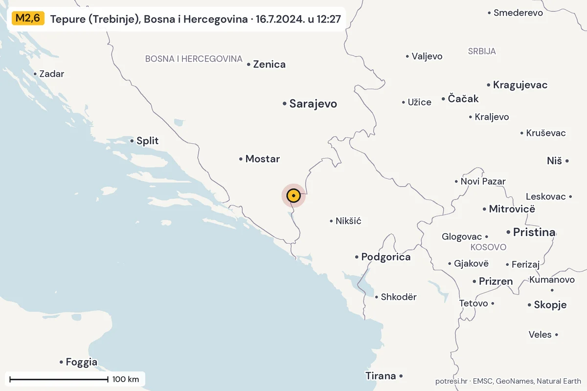 Karta: šire područje, 600 km, potres M2,6, Tepure (Trebinje), Bosna i Hercegovina, 16.7.2024.