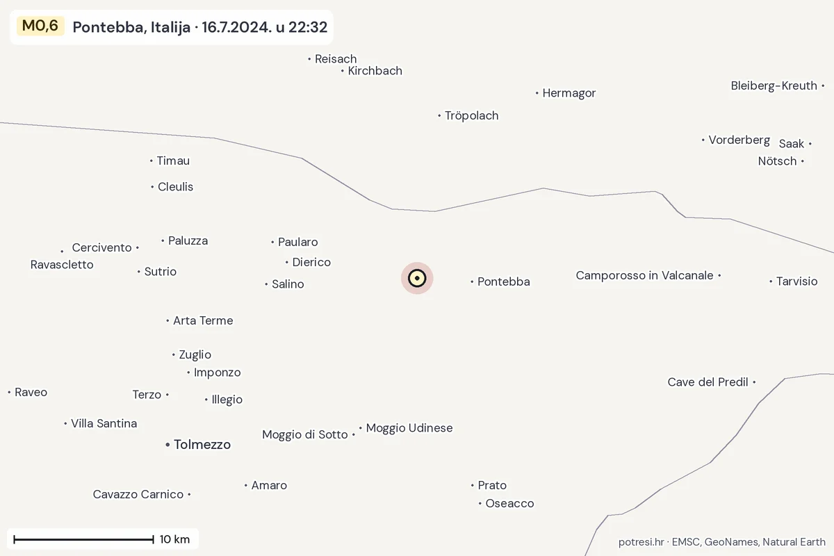 Karta: okolica epicentra, 60 km, potres M0,6, Pontebba, Italija, 16.7.2024.