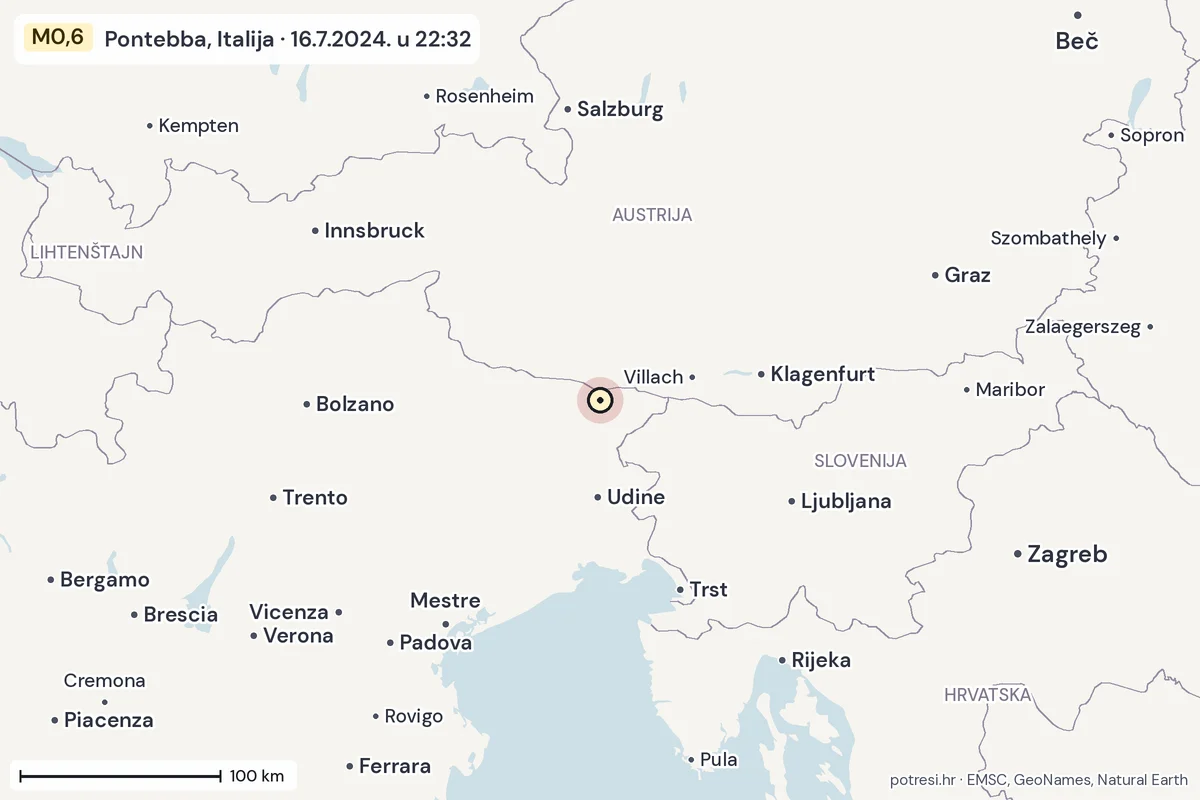 Karta: šire područje, 600 km, potres M0,6, Pontebba, Italija, 16.7.2024.