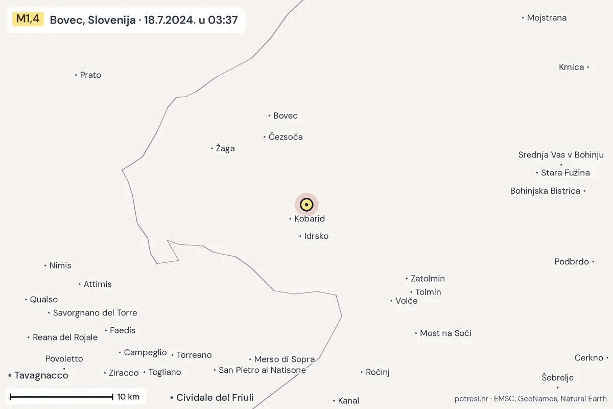 Karta: okolica epicentra, 60 km, potres M1,4, Bovec, Slovenija, 18.7.2024.