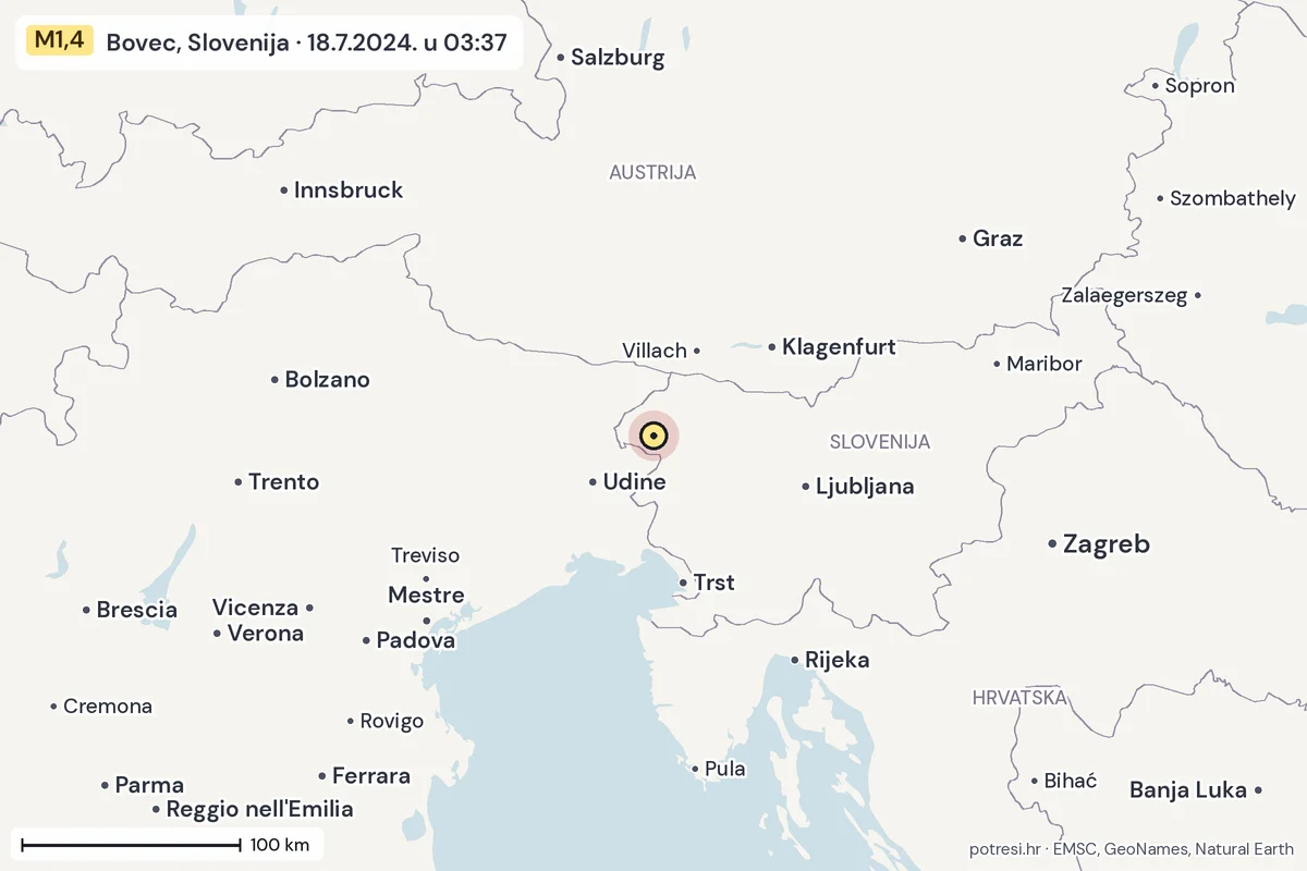 Karta: šire područje, 600 km, potres M1,4, Bovec, Slovenija, 18.7.2024.